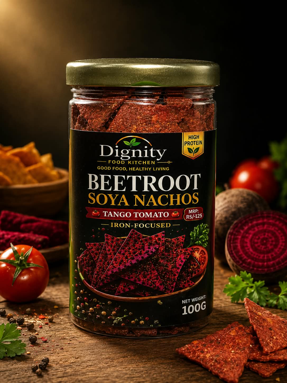 Beetroot Soya Nachos – Tango Tomato — Dignity Food Kitchen Beetroot snack jar